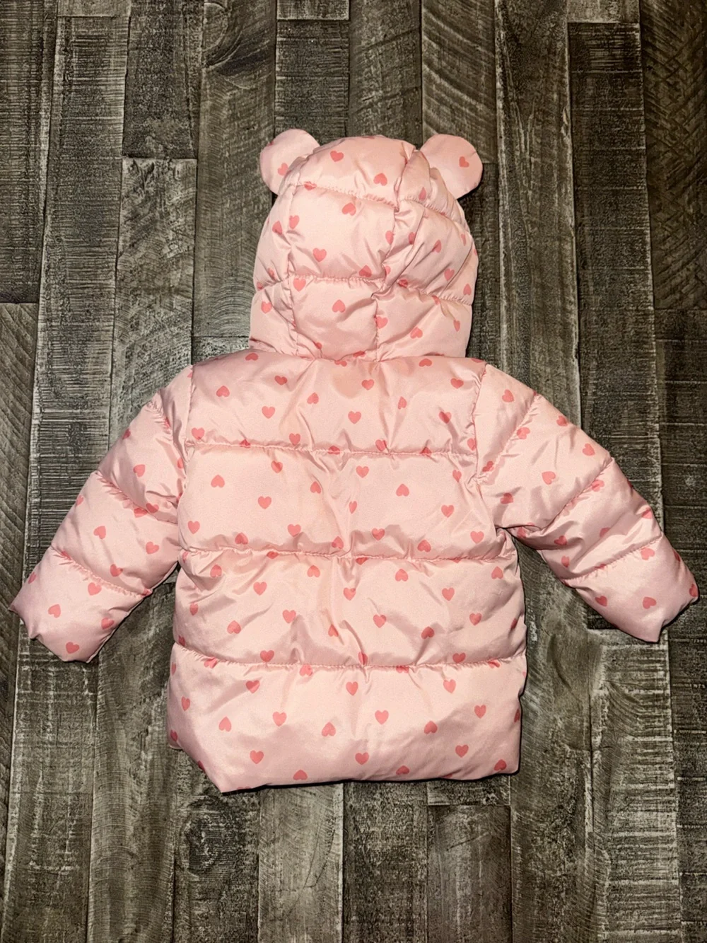 Old Navy Light Pink Heart-Print Puffer Jacket with Hood